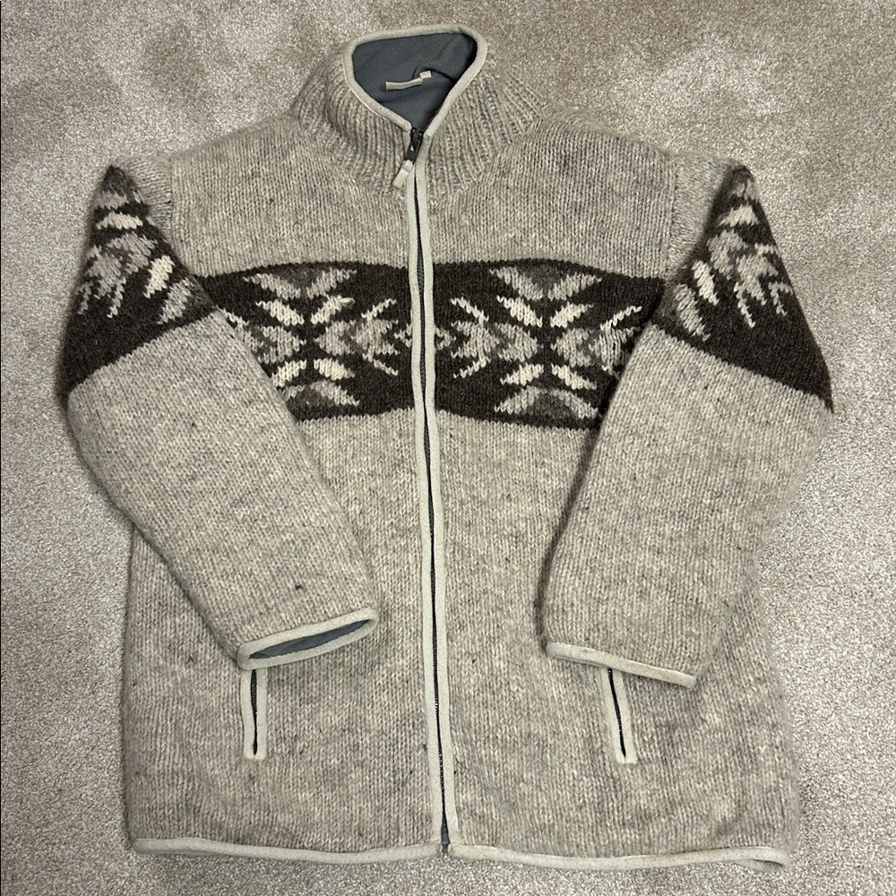 PACHAMAMA Cowichan-Look 100% Wool Full Zip Sweater, Fully Lined, Unisex L/XL